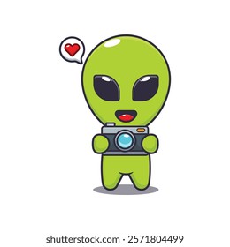 alien with camera. mascot cartoon character vector illustration. design element for poster, brochure, web, mascot, sticker, logo and icon.