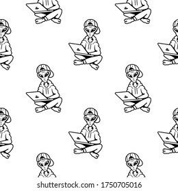 alien in cap with a laptop  seamless pattern