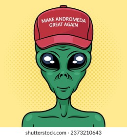 Alien en el gorro Hacer Andromeda Grande de nuevo la ilustración retro del arte pop vectorial. La imitación al estilo de un libro de historietas.