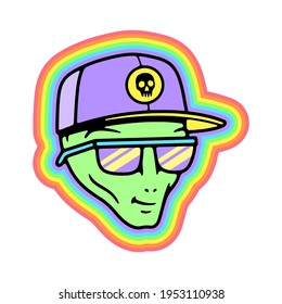 ALIEN IN A CAP AND SUNGLASSES RAINBOW TRIPPY BADGE COLOR WHITE BACKGROUND