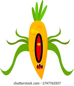 alien carrot cartoon character monster with sharp fangs and open mouth concept of agriculture and Halloween object on a white background