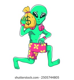 Alien carrying sack of stolen money cartoon illustration.concept of aliens invading earth on white background