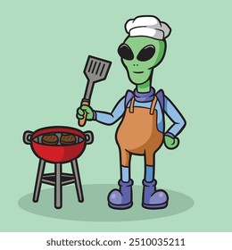 Dibujos animados alienígenas con traje de barbacoa bueno para el personaje de la mascota, marca mascota, etc