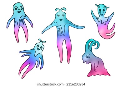 Alien cartoon characters, ghosts, monsters vector illustraion set. Kind and happy alien creatures, cartoon monsters, ghosts vector collection. Troll or goblin silly smilinsg animals, goofy gremlins