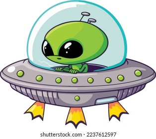 alien cartoon is driving a flying saucer illustration on white background