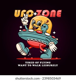 Alien cartoon mascot carrying a ufo that is walking leisurely. Suitable for logos, mascots, t-shirts, stickers and posters