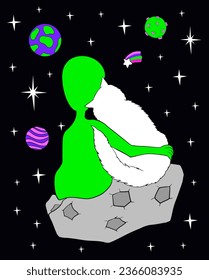 Alien and cat are best friends in outer space on an asteroid.Cartoon vector illustration