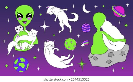 Conjunto de vetor de desenhos animados alienígena e gato.