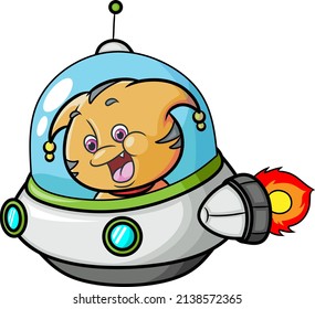 The alien cat is driving the fast ufo in the space of illustration