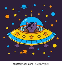 Alien cat pirate in a spaceship in a star galaxy. Cute cosmonaut cat in outer space. Vector illustration on the space theme in childish style.