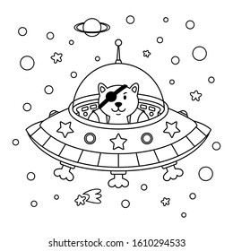 Alien cat pirate in a spaceship in a star galaxy. Cute cosmonaut cat in outer space. Vector outline illustration on the space theme in childish style for coloring book and page.