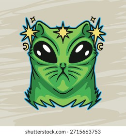 Gato alienígena con brillo y diseño de la corona de la luna Lindo y cartonish recurso gráfico