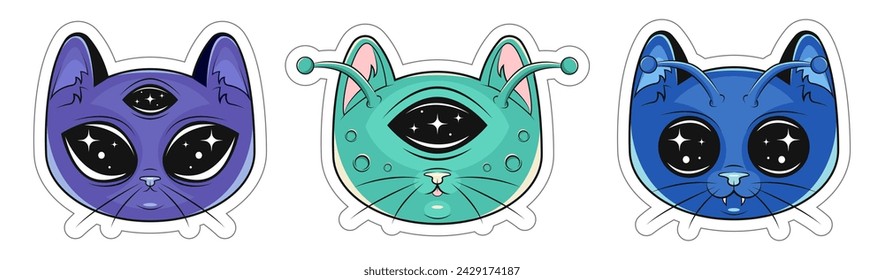 Alien cat stickers in purple, green and blue colors. Set of cute cat faces. Vector illustration