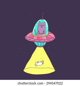 Alien cat in the ufo saucer steals Mouse. Vector funny animals clip art.