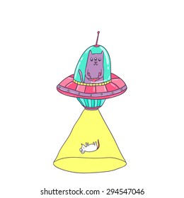 Alien cat in the ufo saucer steals Mouse. Vector funny animals clip art.