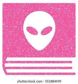 Alien Catalog grainy textured icon for overlay watermark stamps. Flat symbol with unclean texture. Dotted vector pink ink rubber seal stamp with grunge design on a white background.