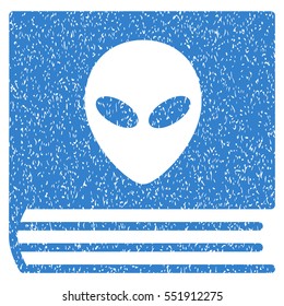 Alien Catalog grainy textured icon for overlay watermark stamps. Flat symbol with scratched texture. Dotted vector cobalt ink rubber seal stamp with grunge design on a white background.