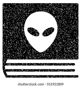 Alien Catalog grainy textured icon for overlay watermark stamps. Flat symbol with unclean texture. Dotted vector black ink rubber seal stamp with grunge design on a white background.