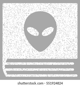 Alien Catalog grainy textured icon for overlay watermark stamps. Flat symbol with dust texture. Dotted vector white ink rubber seal stamp with grunge design on a silver background.