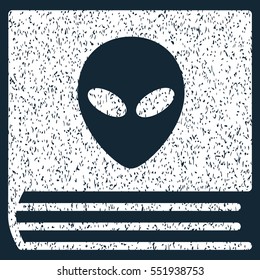 Alien Catalog grainy textured icon for overlay watermark stamps. Flat symbol with dirty texture. Dotted vector white ink rubber seal stamp with grunge design on a dark blue background.