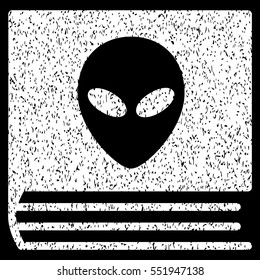 Alien Catalog grainy textured icon for overlay watermark stamps. Flat symbol with dirty texture. Dotted vector white ink rubber seal stamp with grunge design on a black background.