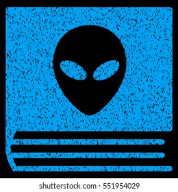 Alien Catalog grainy textured icon for overlay watermark stamps. Flat symbol with unclean texture. Dotted vector blue ink rubber seal stamp with grunge design on a black background.