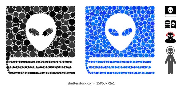 Alien catalog mosaic of round dots in various sizes and shades, based on alien catalog icon. Vector round elements are grouped into blue mosaic. Dotted alien catalog icon in usual and blue versions.