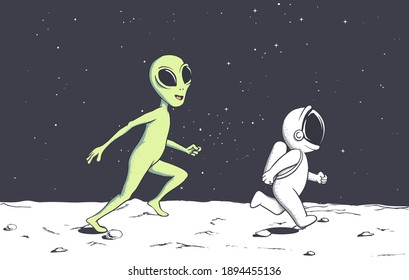 Alien is catching up with an astronaut and playing with him.Vector illustration