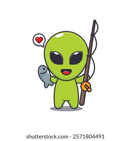 alien catching fish with fishing rod. mascot cartoon character vector illustration. design element for poster, brochure, web, mascot, sticker, logo and icon.