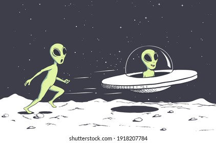 alien catching a flying saucer.Vector illustration