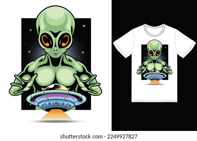 Alien catching ufo illustration with tshirt design premium vector the Concept of Isolated Technology. Flat Cartoon Style Suitable for Landing Web Pages,T shirt, Flyers, Stickers