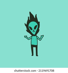 Alien character with burning head, illustration for t-shirt, sticker, or apparel merchandise. With retro cartoon style.