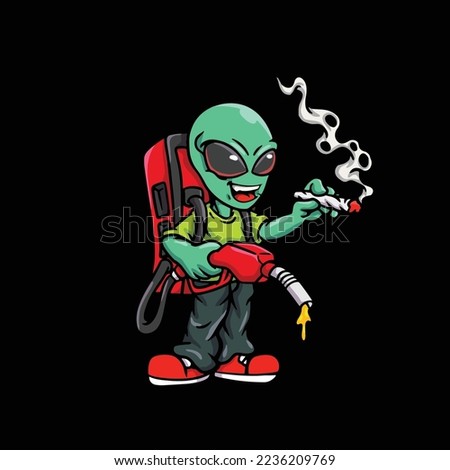 alien character cartoon mascot smoking blunt and joint from weed flower nug cannabis marijuana