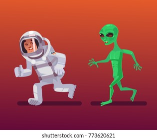 Alien character chasing astronaut. Vector cartoon illustration