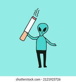 Alien character with cigarette, illustration for t-shirt, sticker, or apparel merchandise. With retro cartoon style.