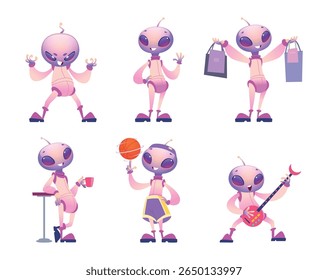 Caractere alienígena. Mascote bonito em diferentes poses exata vetor desenhos animados alienígena
