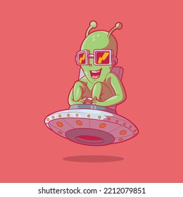 Carácter alienígena que vuela una ilustración vectorial de nave espacial. Espacio, ciencia ficción, concepto de diseño divertido.