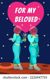 Alien character giving flowers to lover cartoon illustration. Funny creature characters in spacesuits, big pink heart with text. Love, romance, aliens, space, Valentine day concept