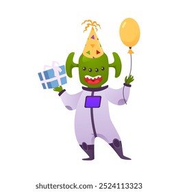 An alien character with a green head and big ears is dressed in an astronaut suit. He is happily holding a balloon and a gift box, perfect for birthday design. Flat style. Isolated background.