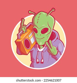 An alien character holding a boombox vector illustration. Space, music, funny design concept.