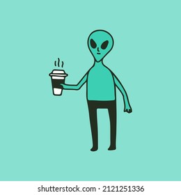 Alien character holding a cup of coffee, illustration for t-shirt, sticker, or apparel merchandise. With retro cartoon style.