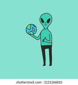 Alien character holding earth planet, illustration for t-shirt, sticker, or apparel merchandise. With retro cartoon style.