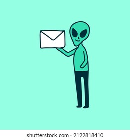 Alien character holding envelope, illustration for t-shirt, sticker, or apparel merchandise. With doodle, soft pop, and cartoon style.