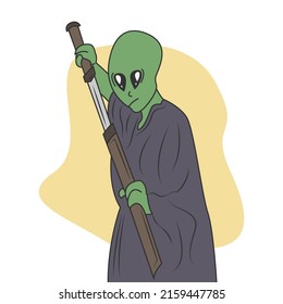 Alien character holding a sword in flat cartoon style
