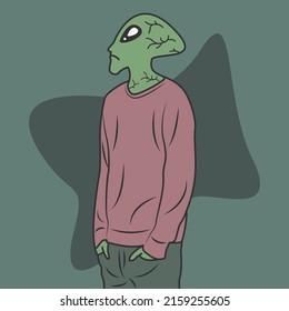 Alien character is looking up at the sky in flat cartoon style