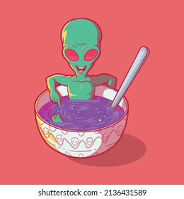 Alien Character on space soup bowl vector illustration. Discover, astronomy, food design concept.