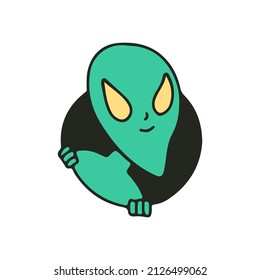 Alien character peeking over, illustration for t-shirt, sticker, or apparel merchandise. With retro cartoon style.