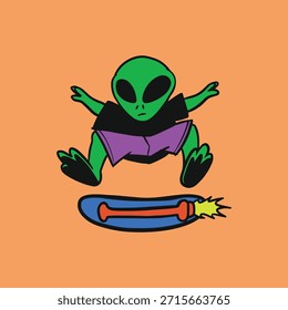 alien character skate hover board design characteer for streetwear merch