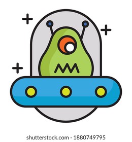 alien character in ufo line and fill style icon vector illustration design