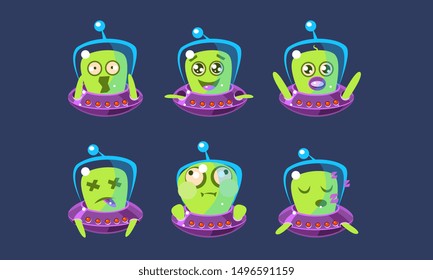 Alien Character in Ufo Set, Funny Monster with Different Emotions Vector Illustration